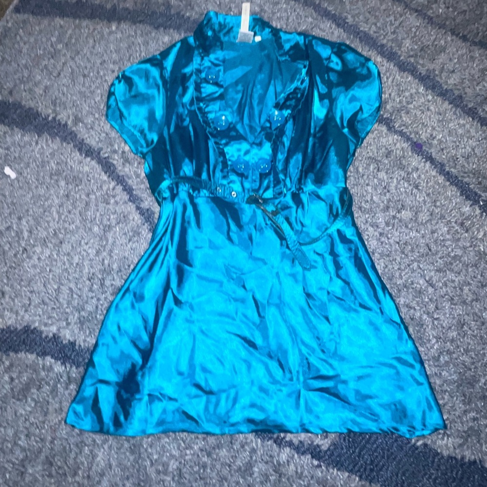 Blue silk top with belt